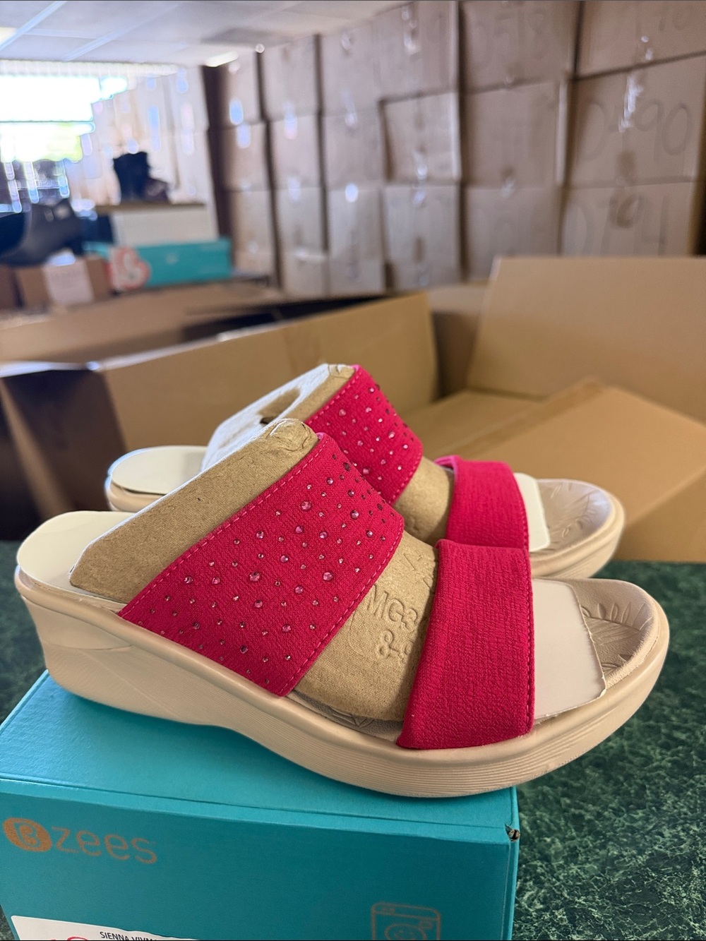 Bzees Sienna Comfort Slide Sandal with Embellished Pink Straps - Picture 2 of 5